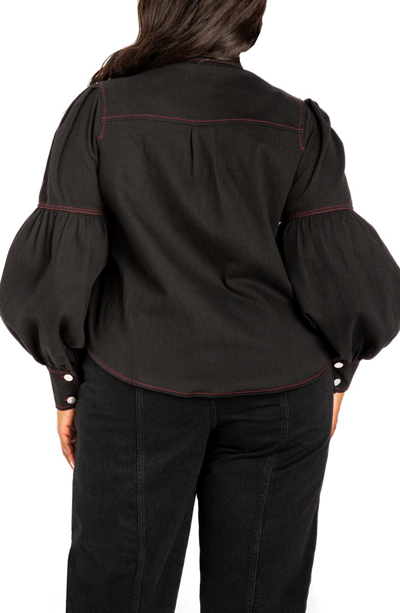 BUXOM COUTURE Bow Neck Puff Shoulder Denim Shirt, Alternate, color, Denim Black