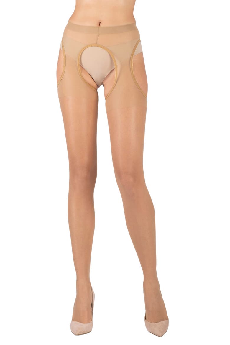 Lustrous Silky Shiny Sheer Suspender Crotchless Tights, Alternate, color, NATURAL