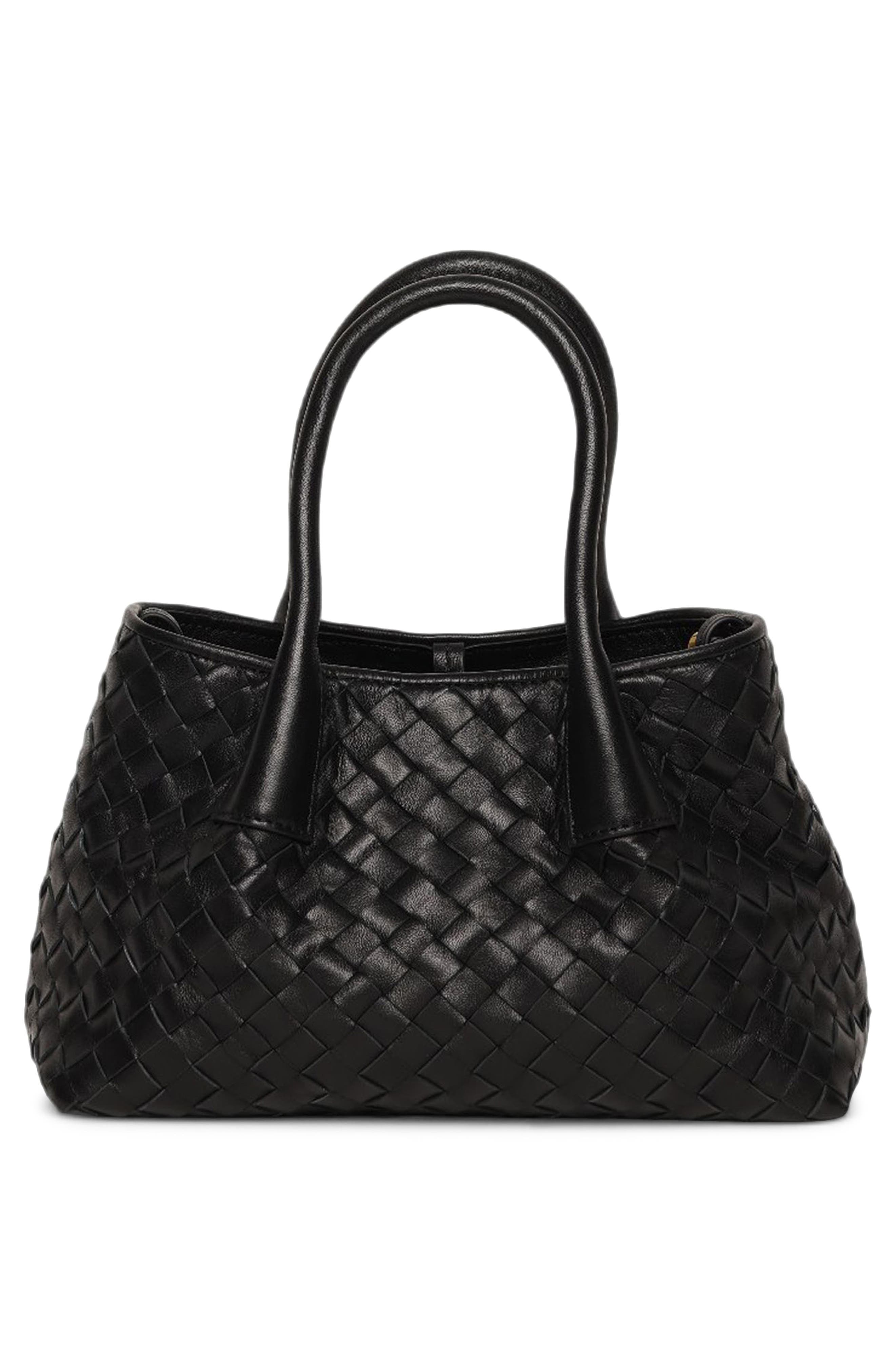 Alina Mini Woven Leather Tote, Alternate, color, BLACK