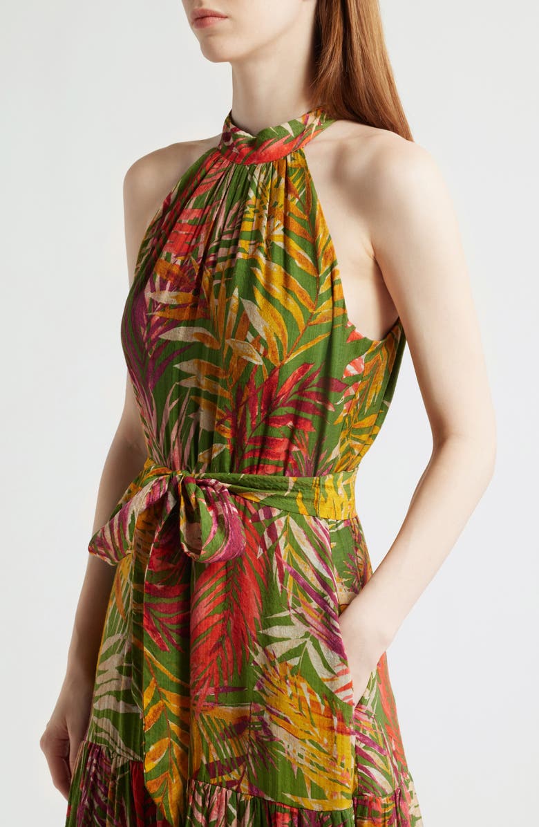 Anne Klein Patio Leaf Print Halter Neck Tiered Midi Dress, Alternate, color, 