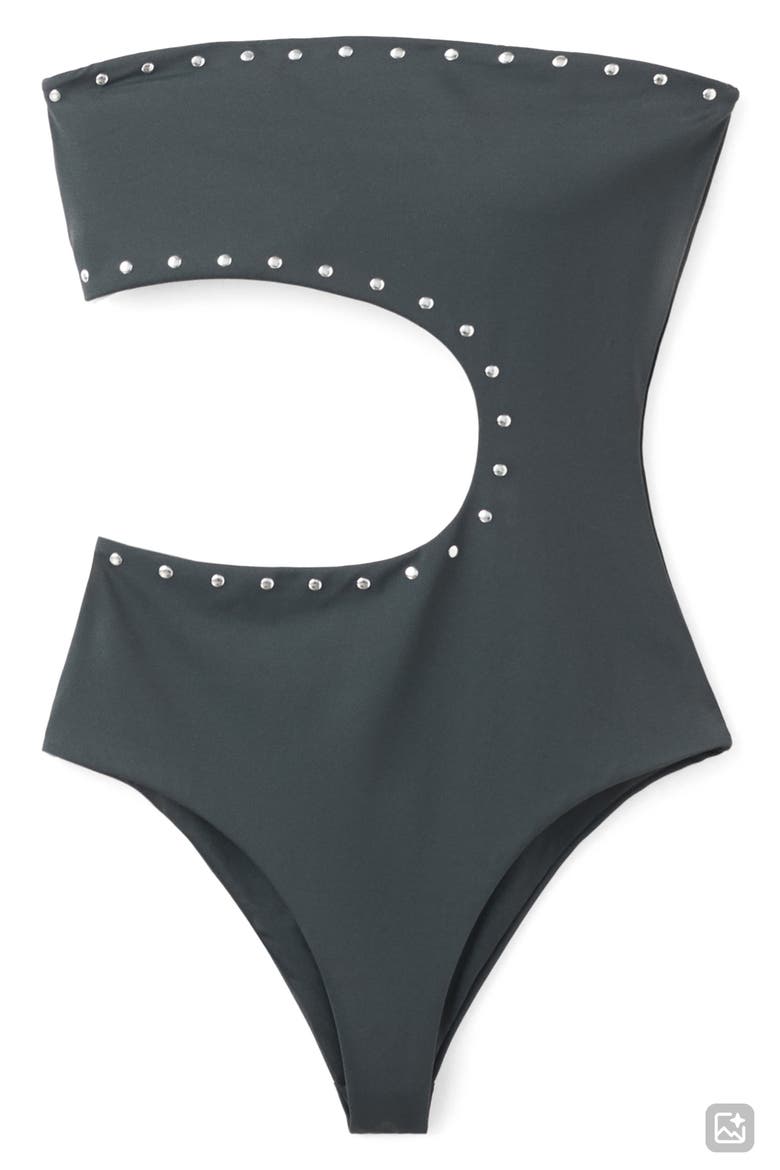 Studded Asymmetrical Cutout One Piece Swimsuit, Alternate, color, CHARCOAL