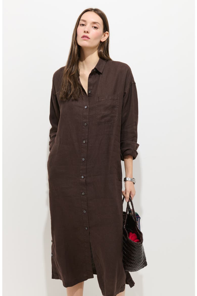 Kerry Linen Midi Shirtdress, Alternate, color, DARK BROWN