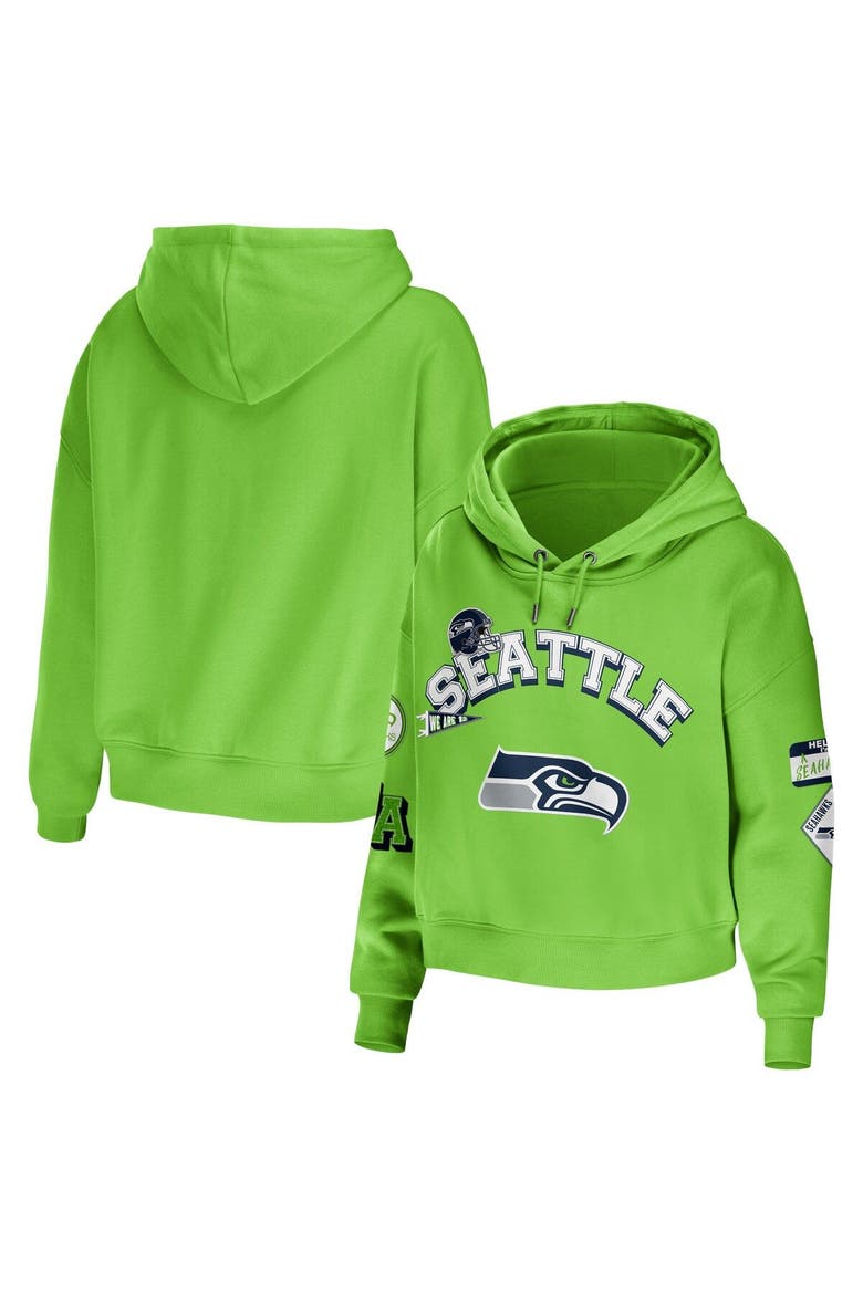 Women's WEAR by Erin Andrews Neon Green Seattle Seahawks Plus Size Modest Cropped Pullover Hoodie, Main, color, Neon Green