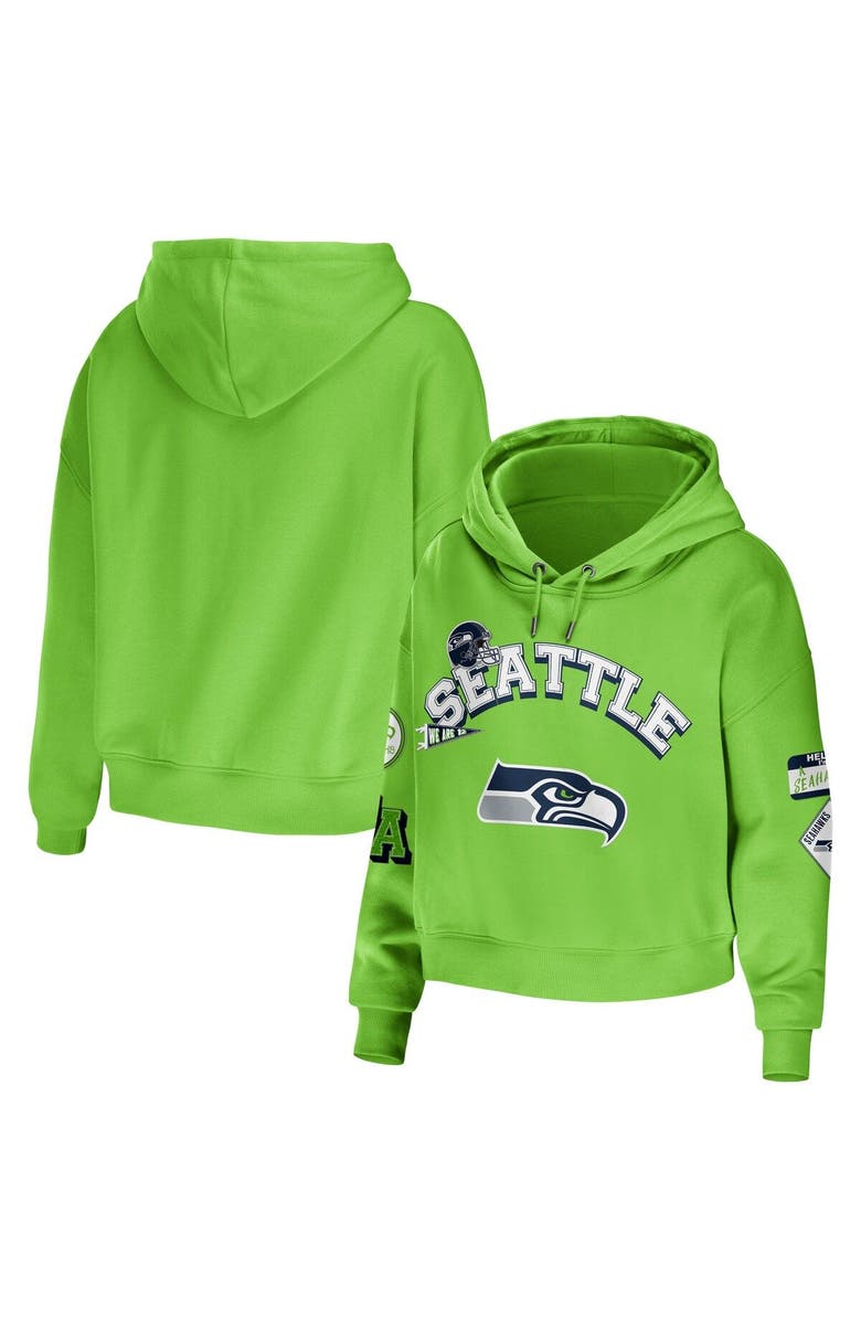 WEAR by Erin Andrews Women's WEAR by Erin Andrews Neon Green Seattle Seahawks Plus Size Modest Cropped Pullover Hoodie, Main, color, Neon Green