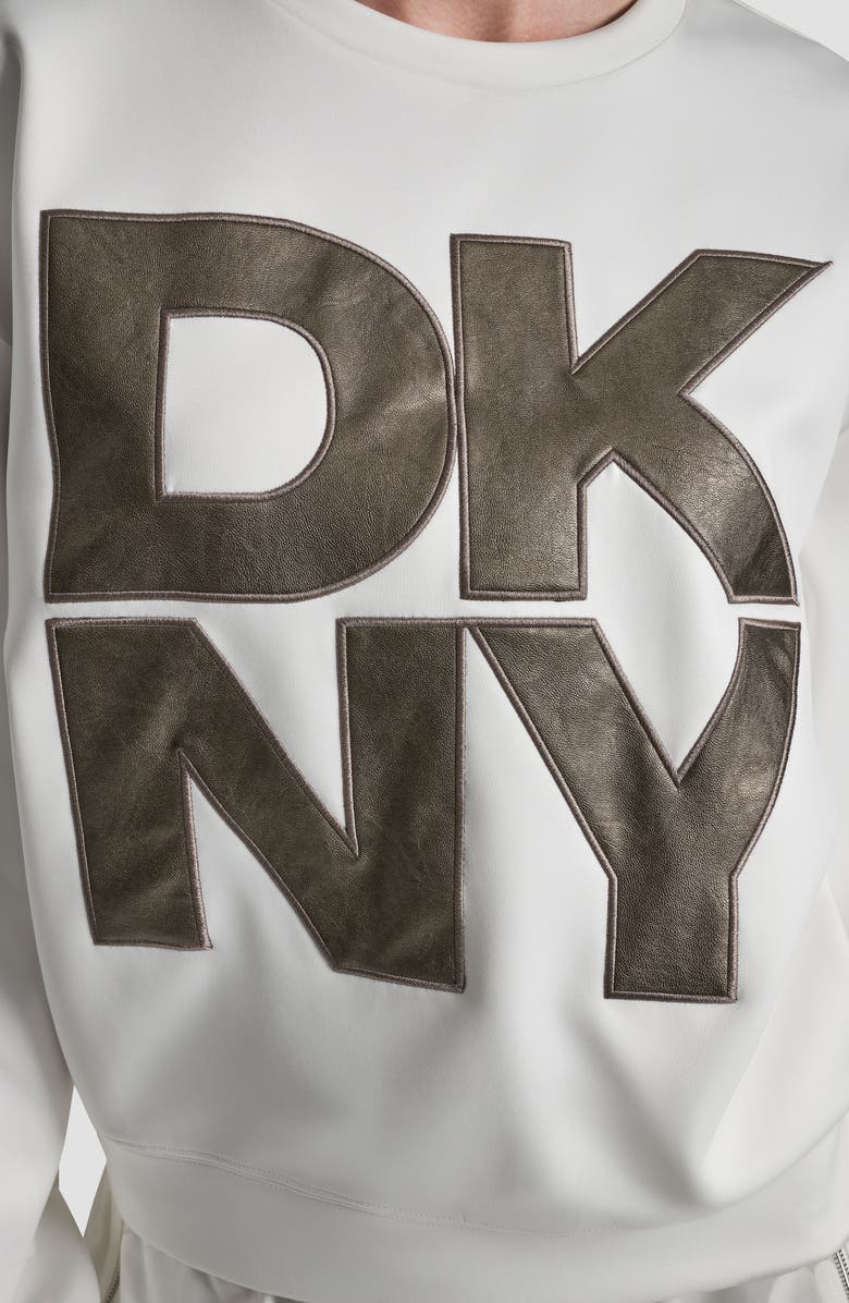 DKNY Metallic Faux Leather Logo Sweatshirt, Alternate, color, Ivory