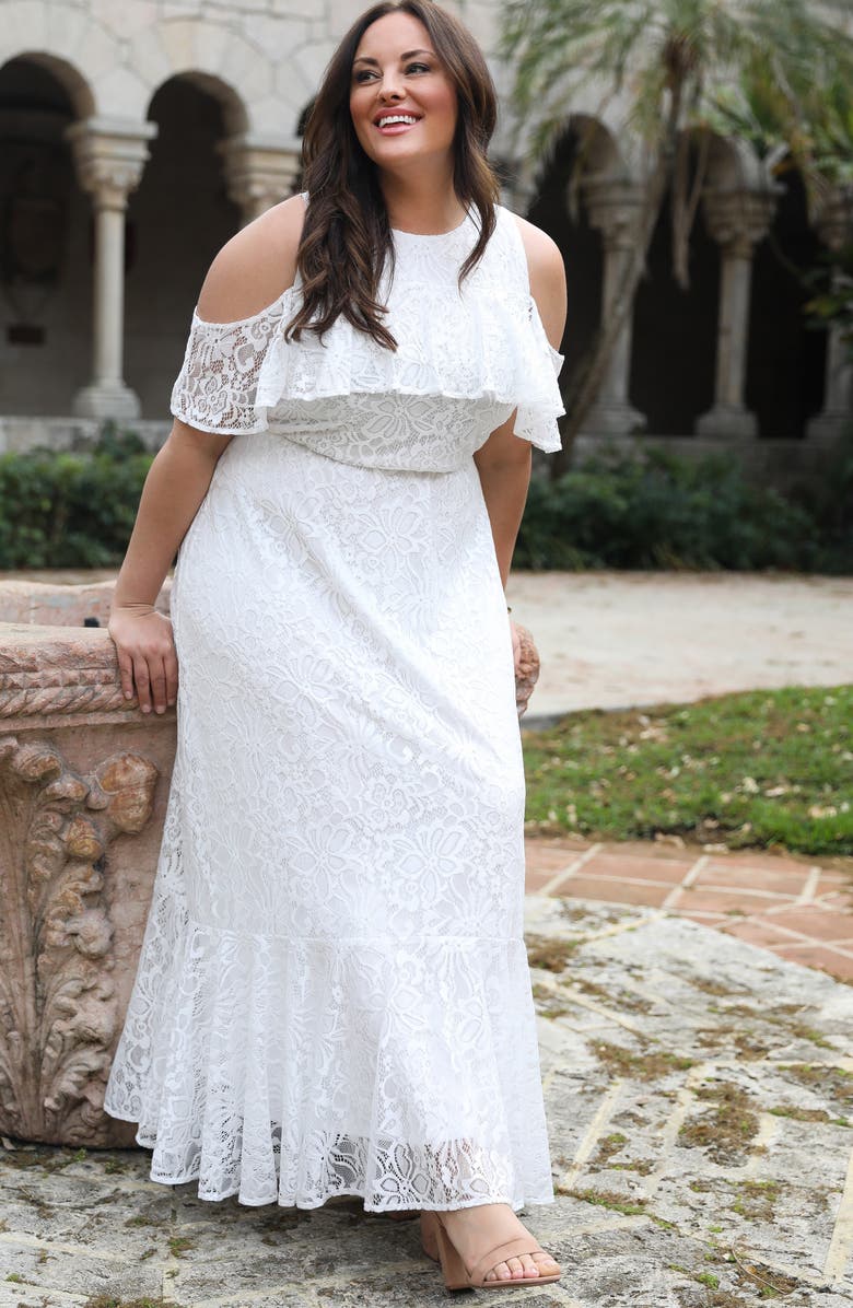 Kiyonna Savannah Cold Shoulder Lace Gown, Alternate, color, Pearl