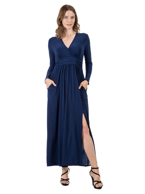 24seven Comfort Apparel Womens Long Sleeve V-neck Side Slit Maxi Dress In Blue