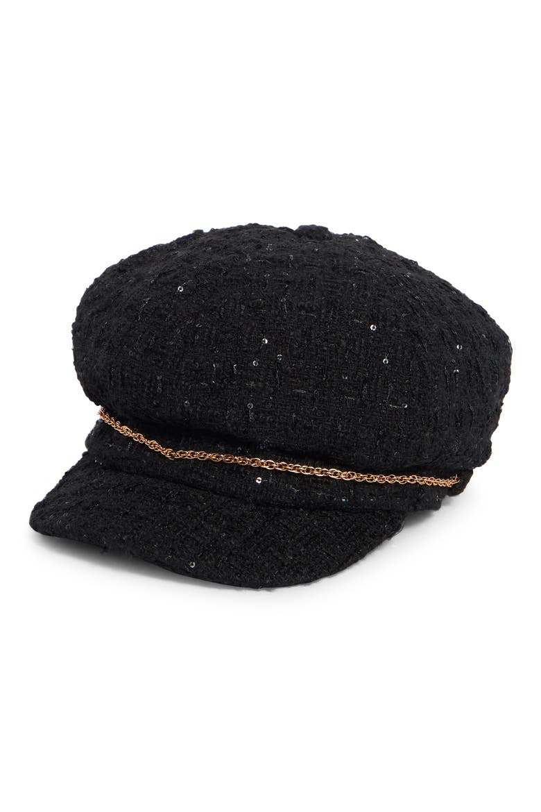 Bouclé Newsboy Cap with Small Chain, Main, color, BLACK