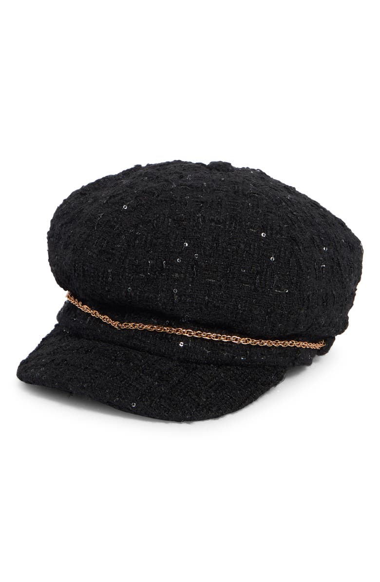 Vince Camuto Bouclé Newsboy Cap with Small Chain, Main, color, Black