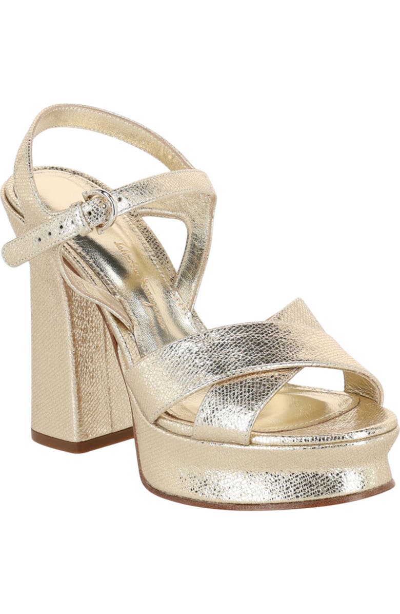 FERRAGAMO Sonya Metallic Leather Platform Sandal, Main, color, Gold