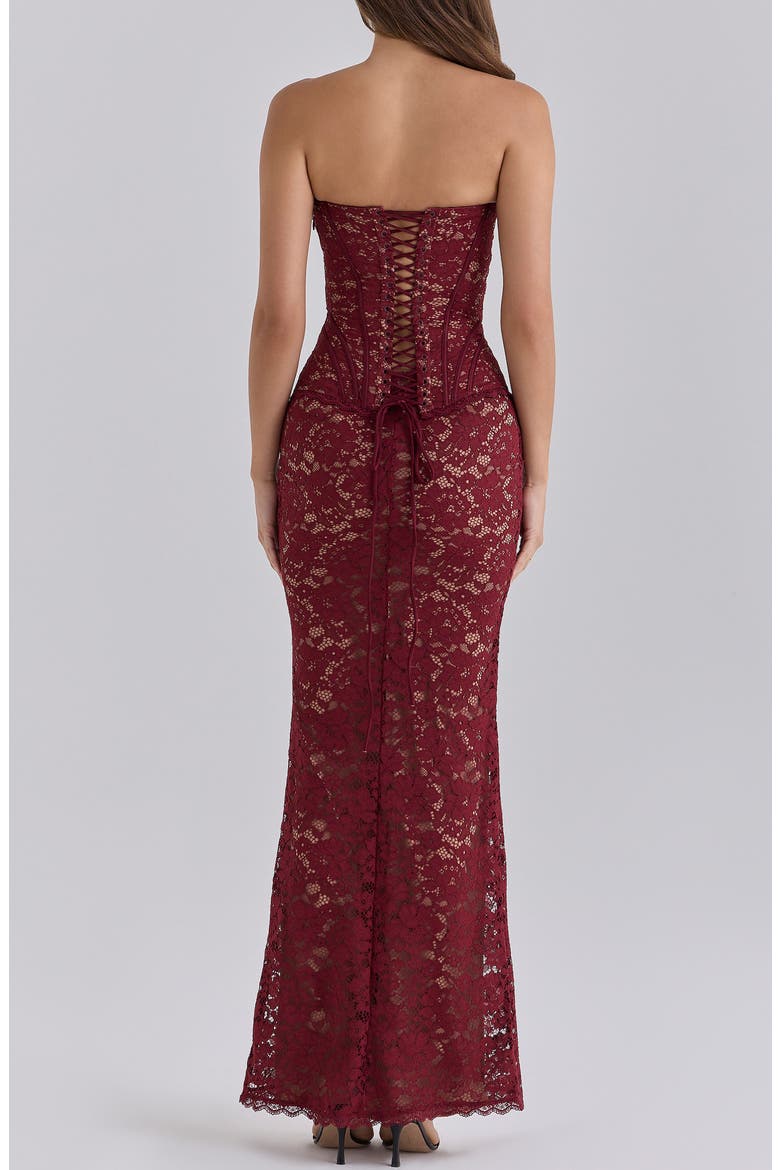 Solaine Lace-Up Strapless Lace Corset Gown, Alternate, color, CABERNET
