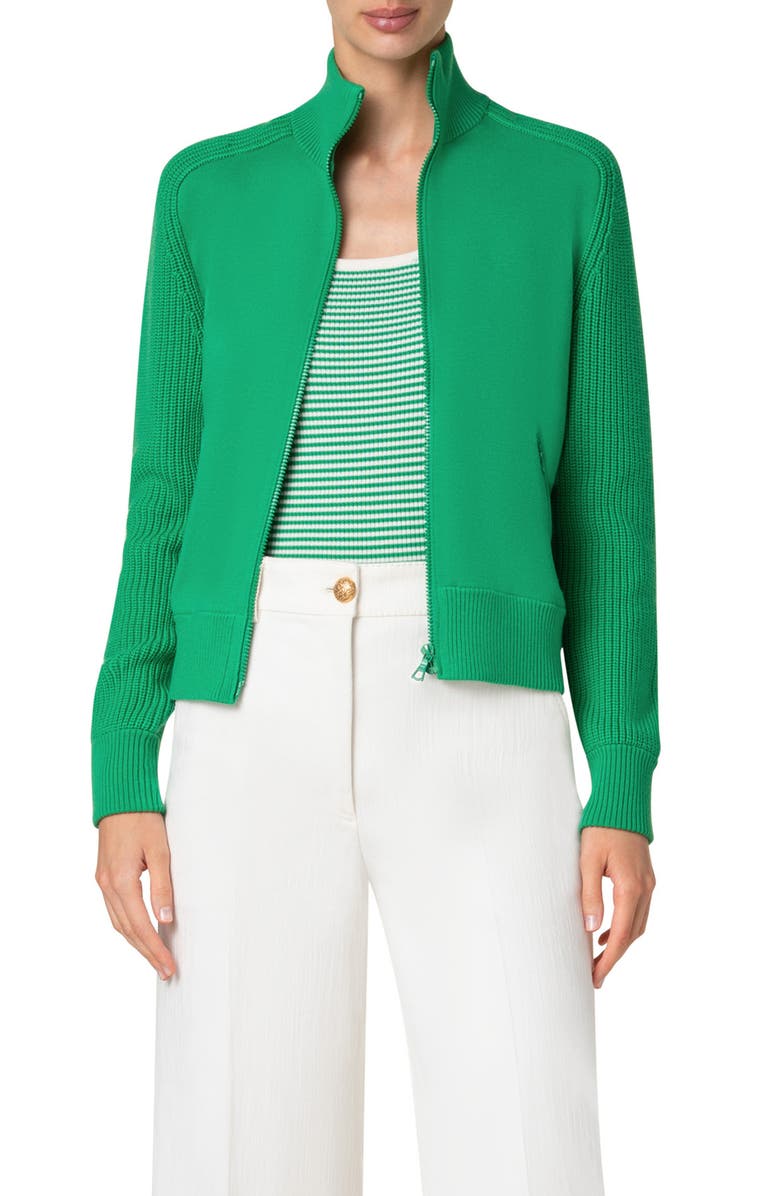 Akris punto Stretch Merino Wool Bomber Cardigan, Main, color, Sea Green