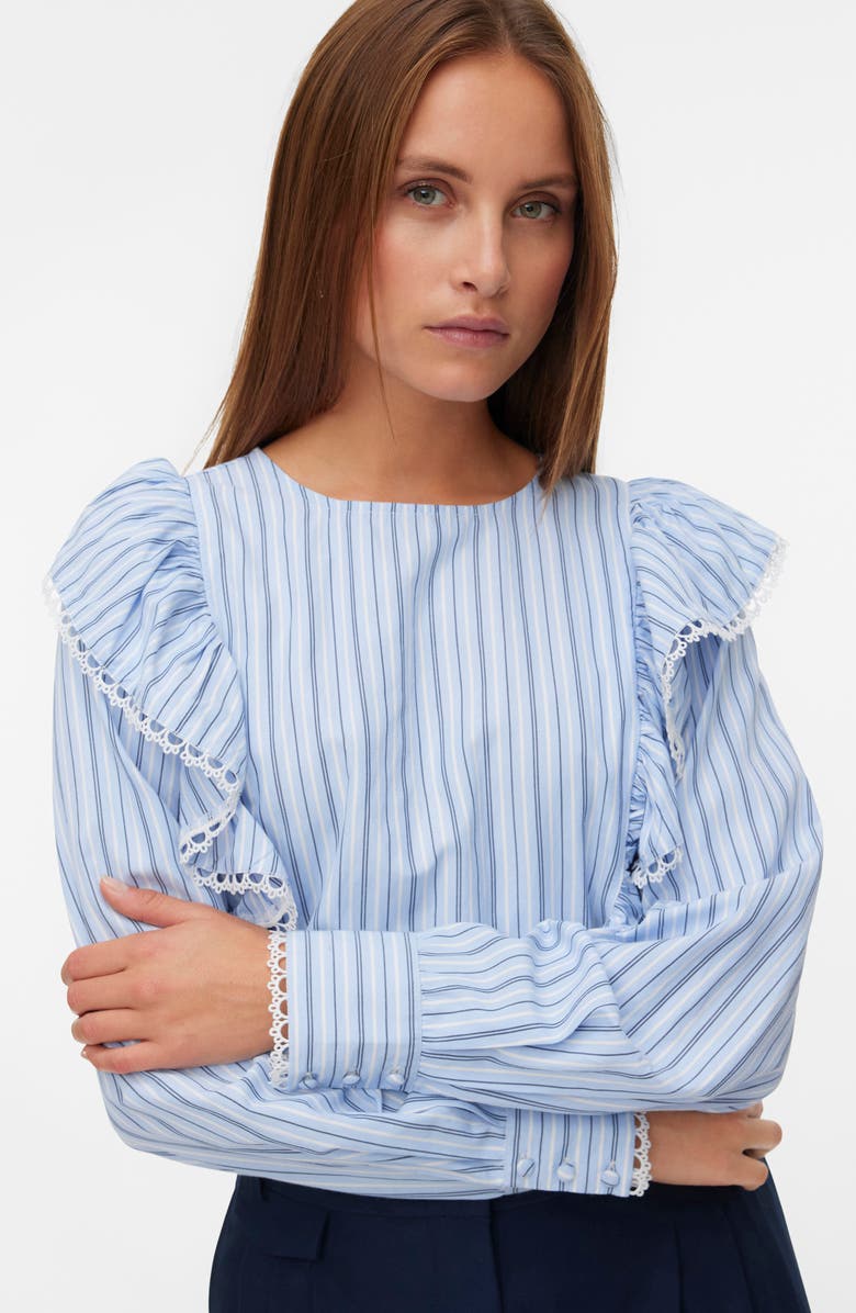 VERO MODA Fanni Embroidered Trim Ruffle Top, Alternate, color, Brunnera Blue W. Stripes