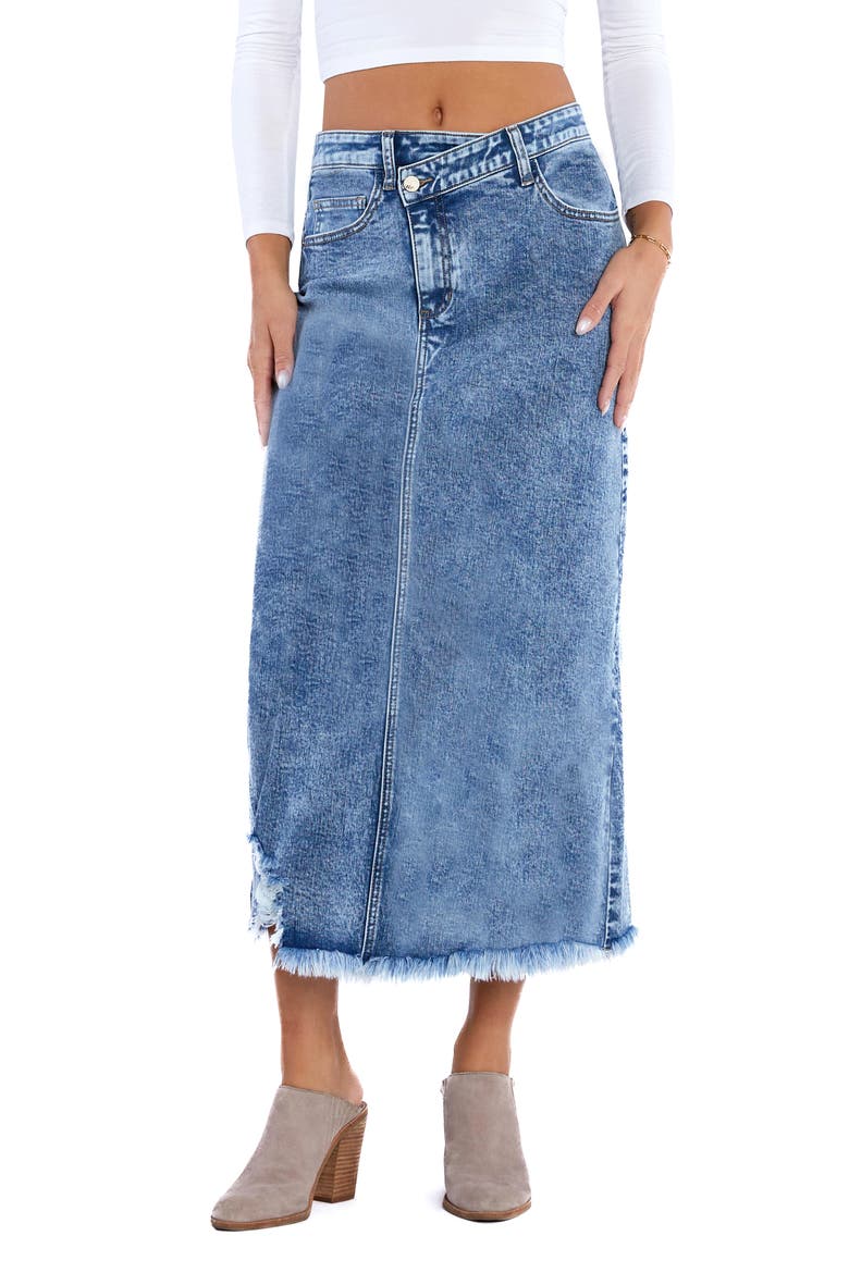 Mia Crossover Waist Raw Hem Midi Denim Skirt, Main, color, MIA BLUE