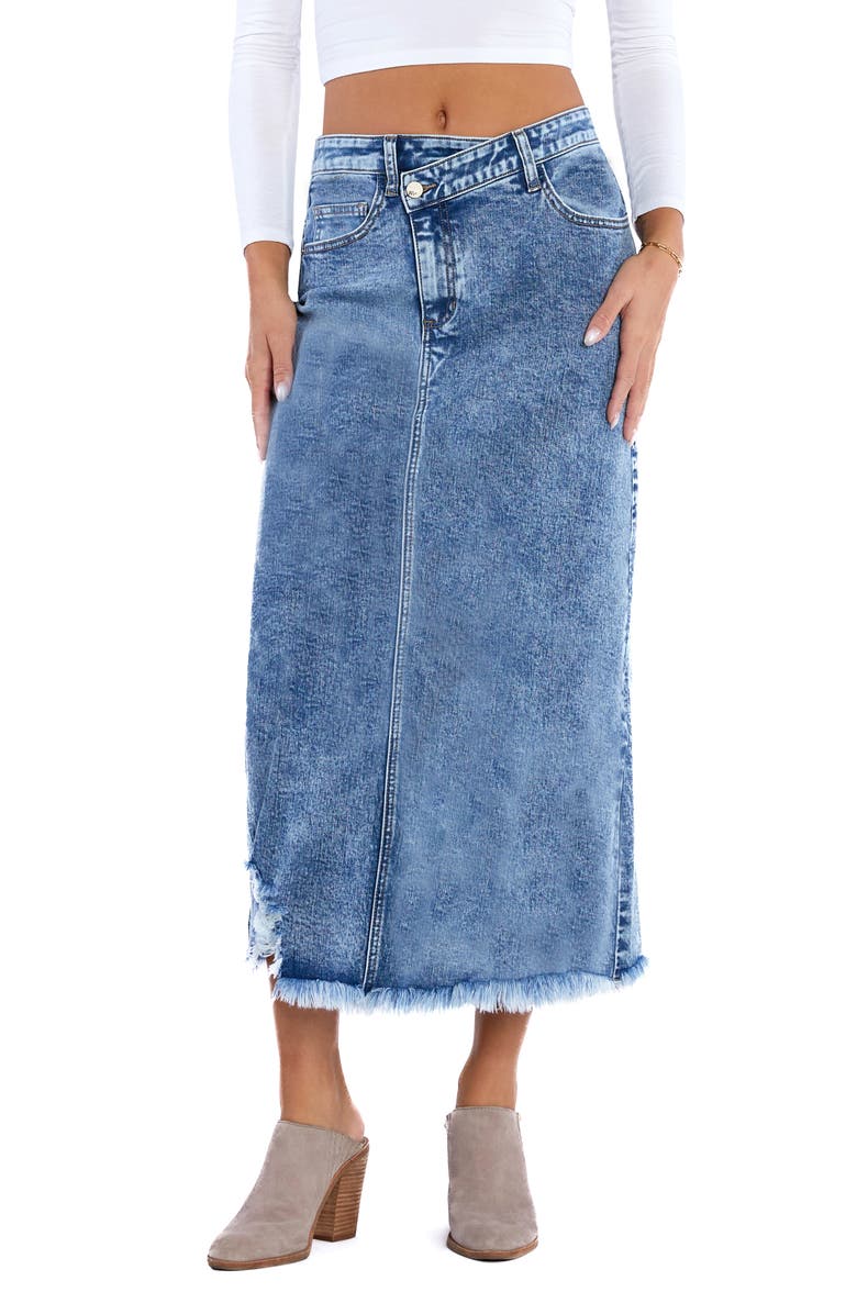 Wash Lab Denim Mia Crossover Waist Raw Hem Midi Denim Skirt, Main, color, Mia Blue