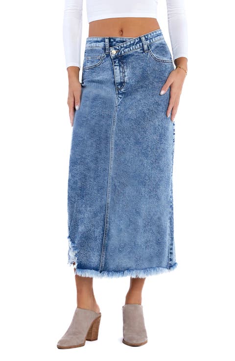 Mia Crossover Waist Raw Hem Midi Denim Skirt