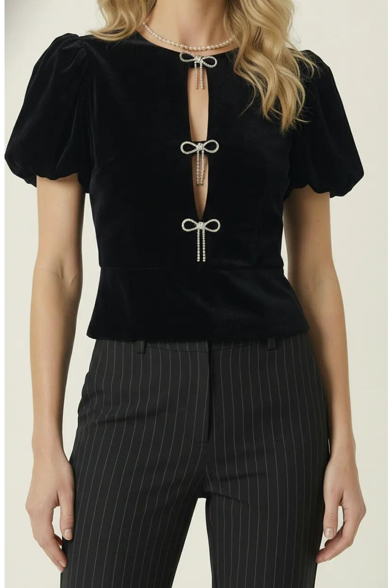 Velvet Puff Sleeve Keyhole Top, Main, color, Black