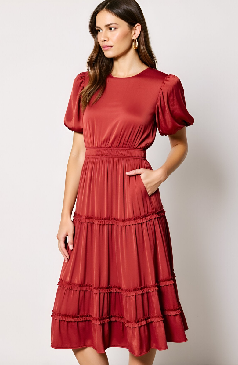 Modenaire Tiered Puff-Sleeve Shirred Elastic-Waistband Midi Dress, Alternate, color, Rust Red
