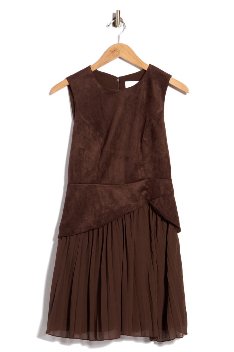 Faux Suede Pleated Hem Minidress, Main, color, BROWN