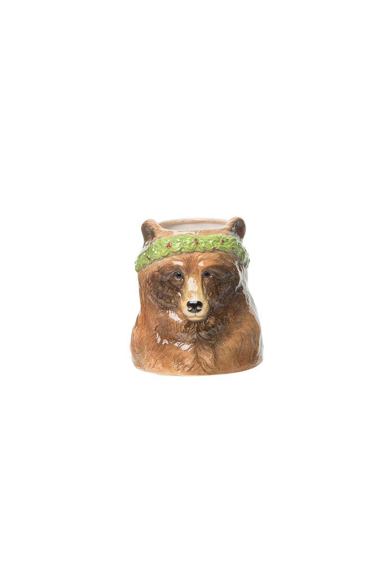 6.6" Cute Brown Bear Wearing Christmas Wreath Crown Ceramic Kitchen Utensil Holder, Main, color, Brown