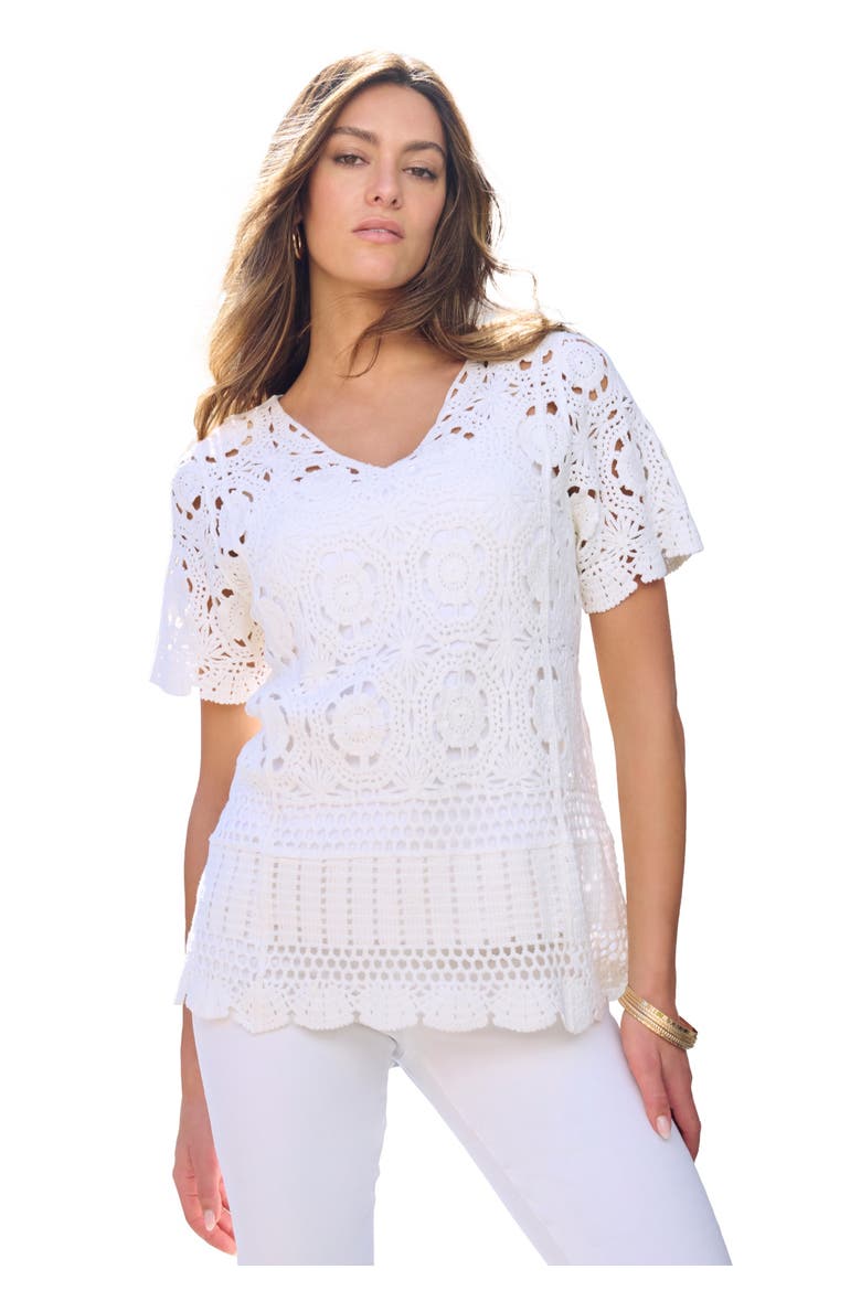 Plus Size Medallion Pattern French Crochet Sweater Top, Main, color, WHITE