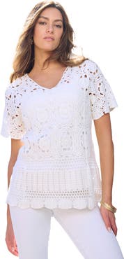 Roaman's Plus Size Medallion Pattern French Crochet Sweater Top