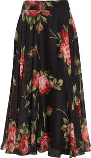 Dolce&Gabbana Rose Bouquet Silk Chiffon A-Line Midi Skirt