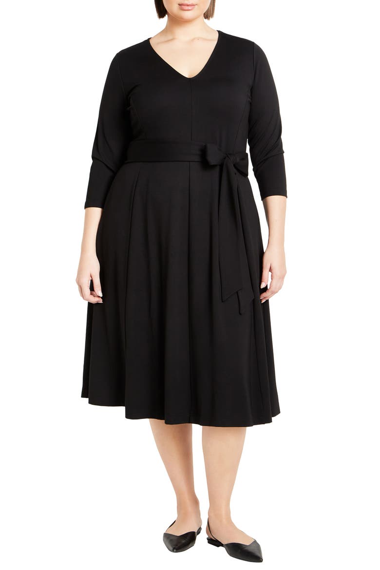 Rayna Tie Waist Stretch Ponte Midi Dress, Main, color, BLACK