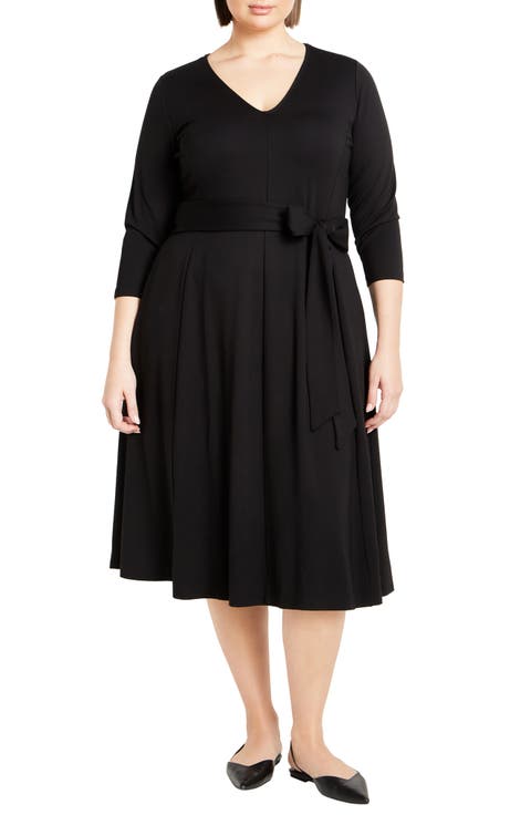 Rayna Tie Waist Stretch Ponte Midi Dress (Plus)
