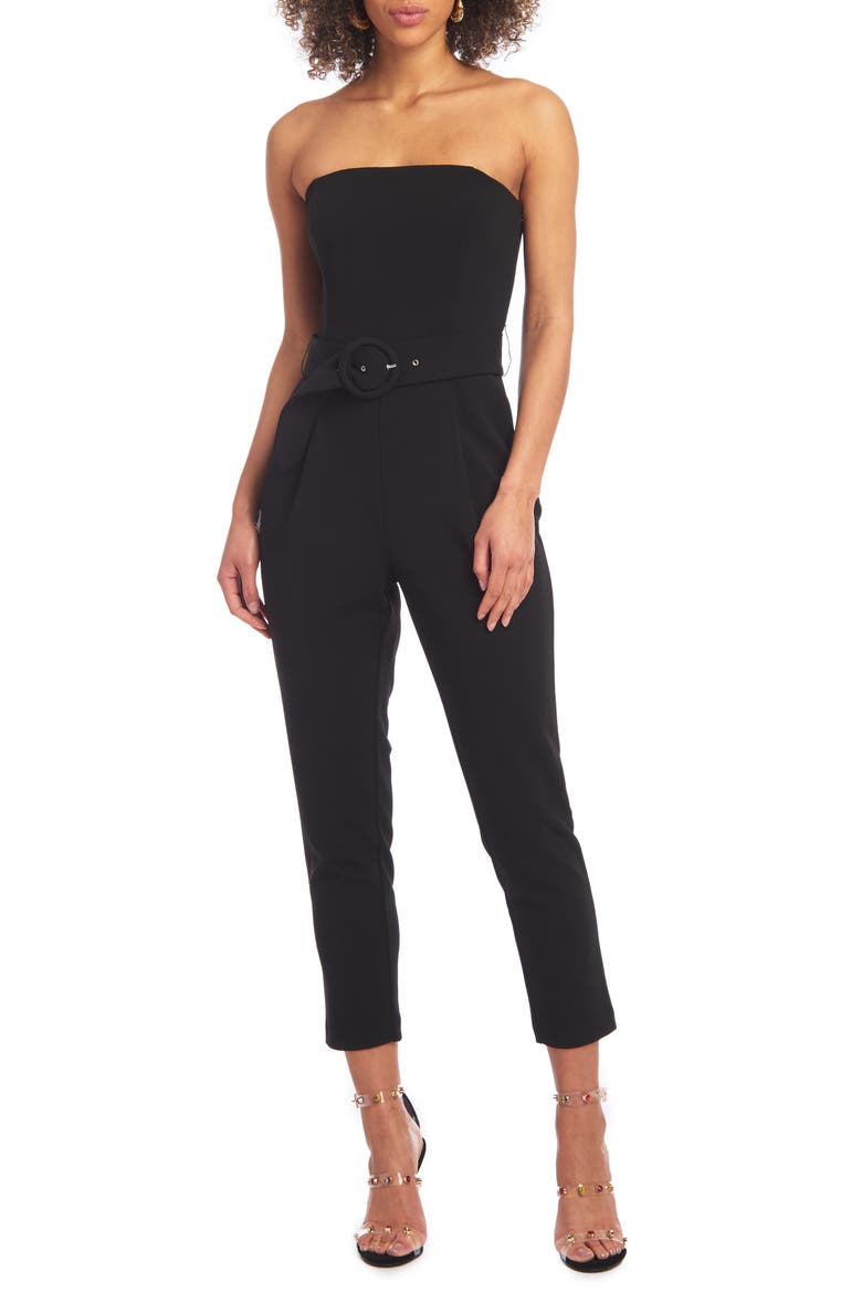 Strapless Belted Scuba Crepe Jumpsuit, Main, color, BLACK