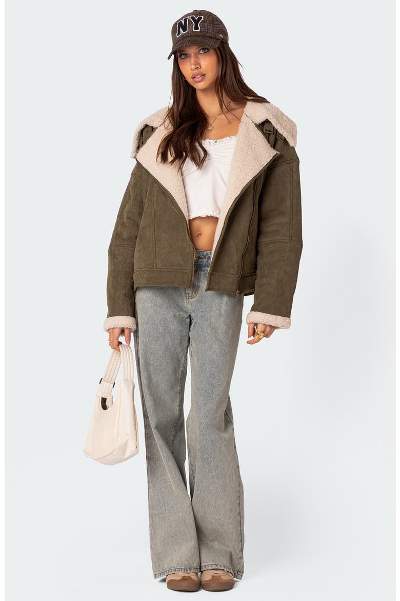 Oversize Faux Shearling & Faux Suede Jacket, Alternate, color, OLIVE