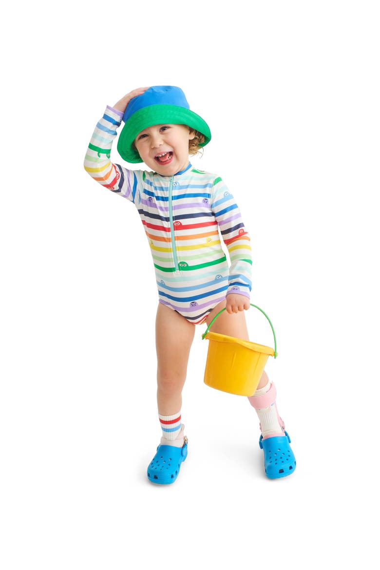 Kids Sesame Street One-Piece Rash Guard, Alternate, color, White Sesame Street Stripes