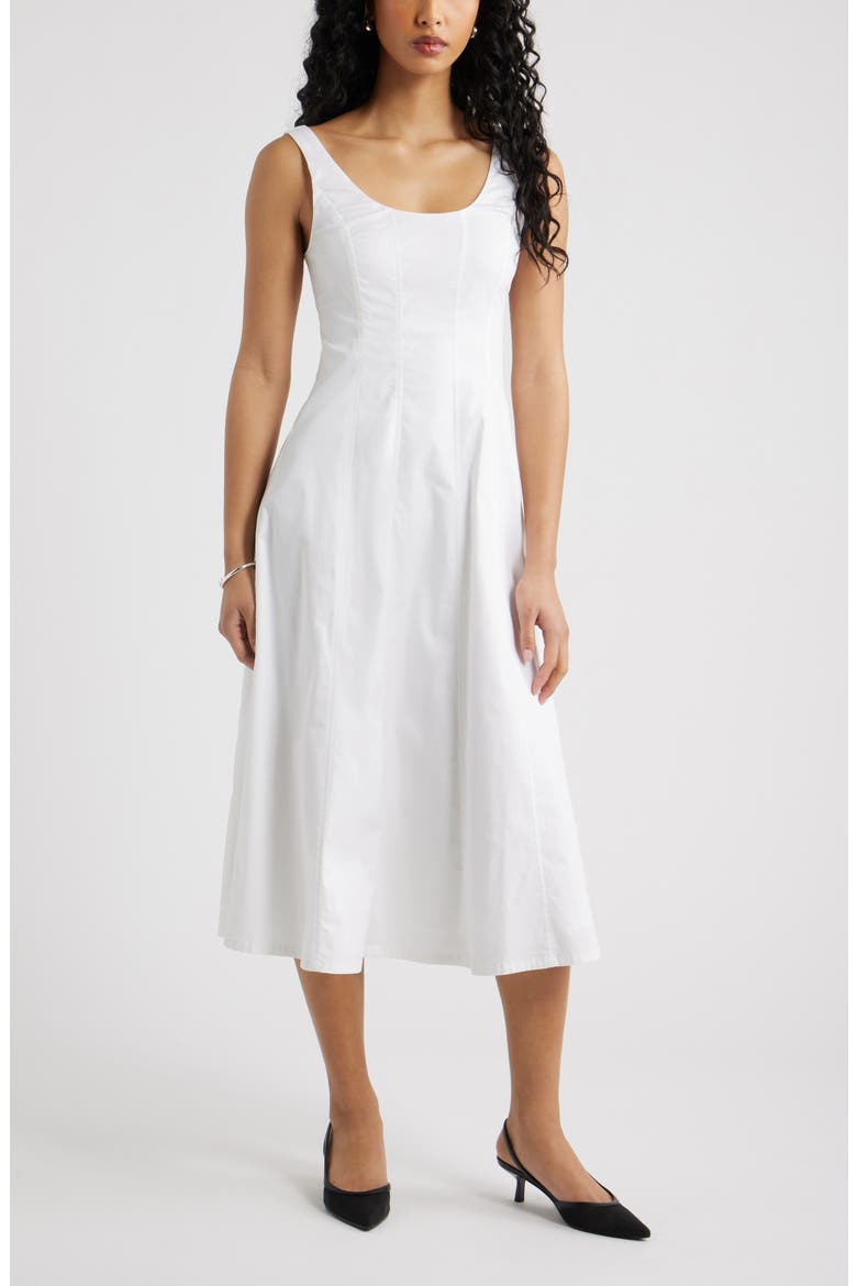 Seamed Strech Cotton Poplin Midi Dress, Main, color, WHITE