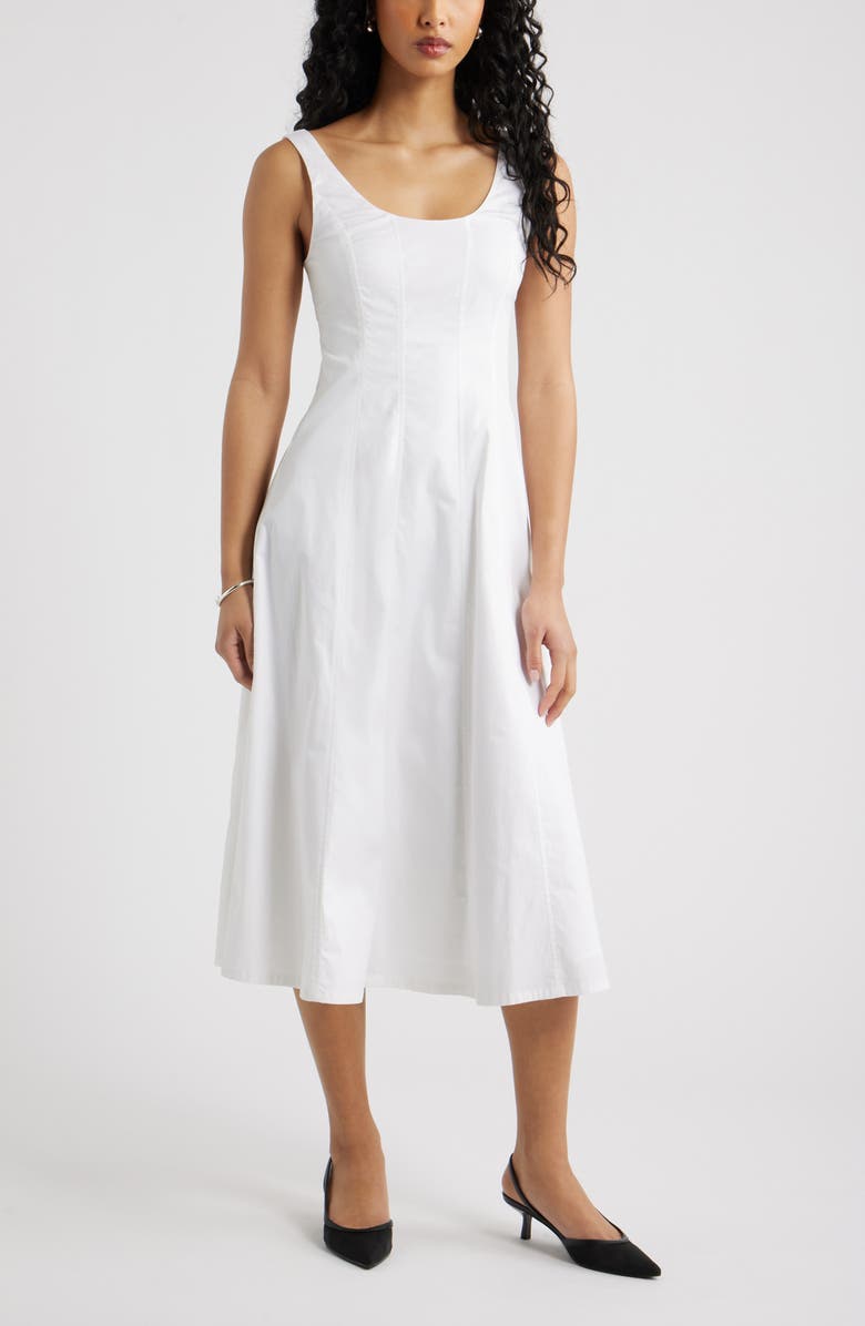 Open Edit Seamed Strech Cotton Poplin Midi Dress, Main, color, White