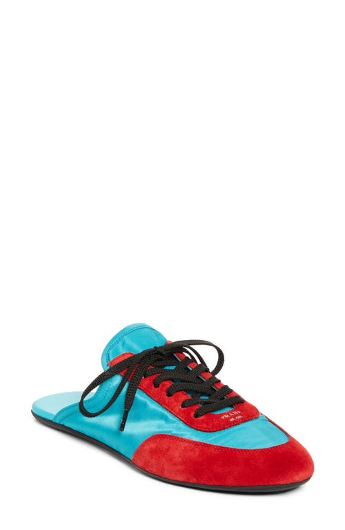 Prada Bicolor Nylon Suede Mule Sneakers In Turchese/rosso