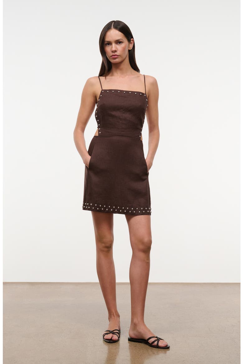 Angelique Stud Detail Open Back Linen Minidress, Alternate, color, ROOT STUDS