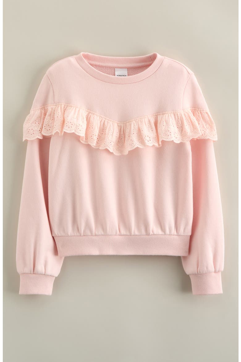 Kids' Eyelet Ruffle Crewneck Cotton Blend Terry Sweatshirt, Main, color, PINK AMOUR