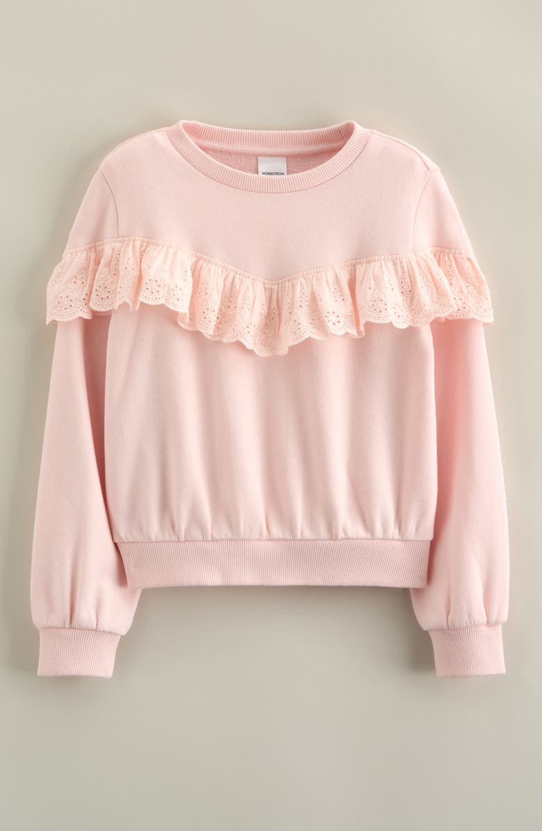 Nordstrom Kids' Eyelet Ruffle Crewneck Cotton Blend Terry Sweatshirt, Main, color, Pink Amour