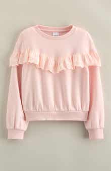 Kids' Eyelet Ruffle Crewneck Cotton Blend Terry Sweatshirt