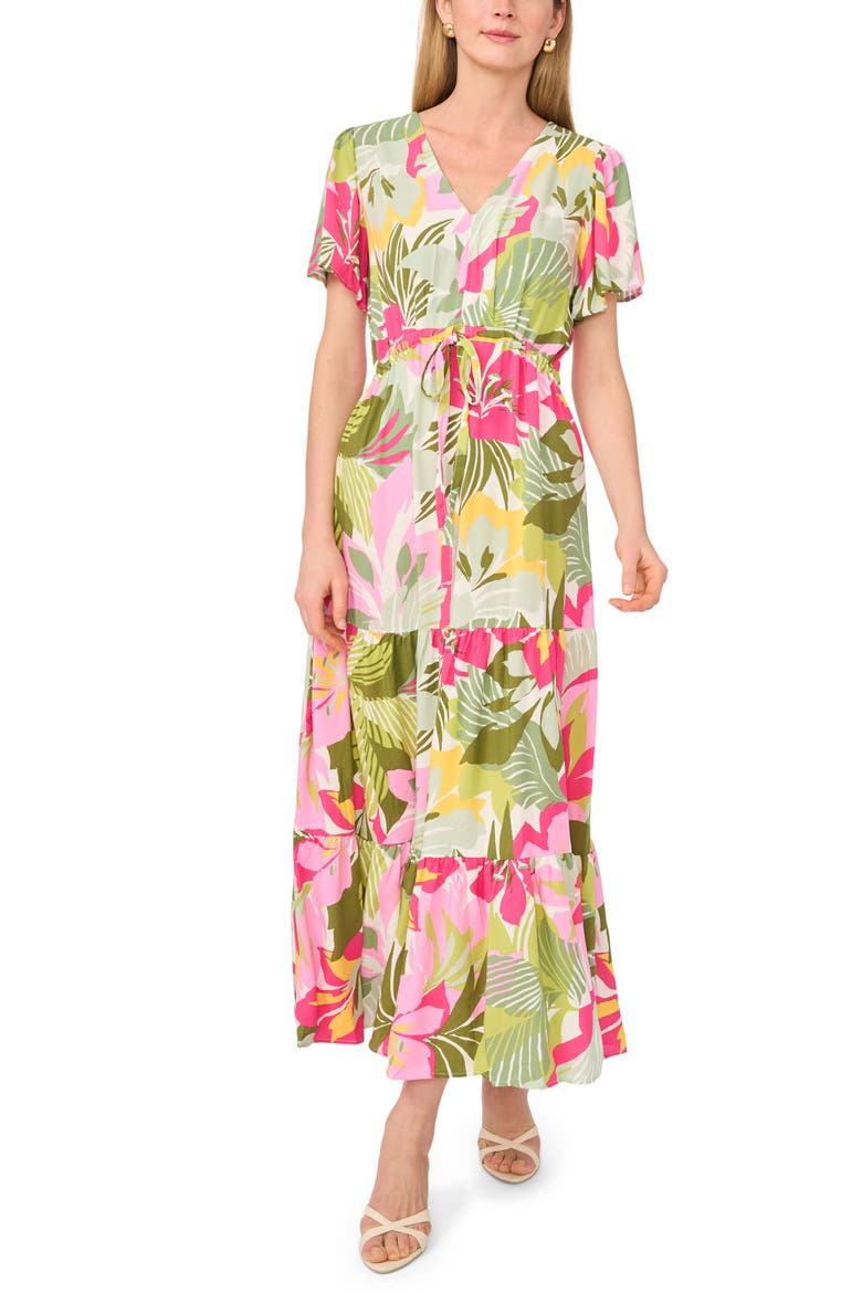 Print Tie Waist Tiered Maxi Dress, Main, color, FLAMINGO PINK