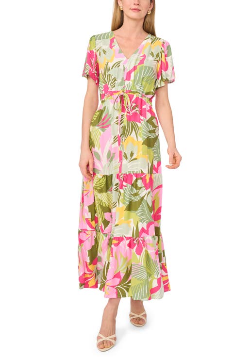 Print Tie Waist Tiered Maxi Dress