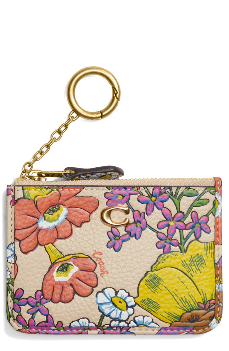 COACH Mini ID Floral Print Leather Card Case, Main, color, 