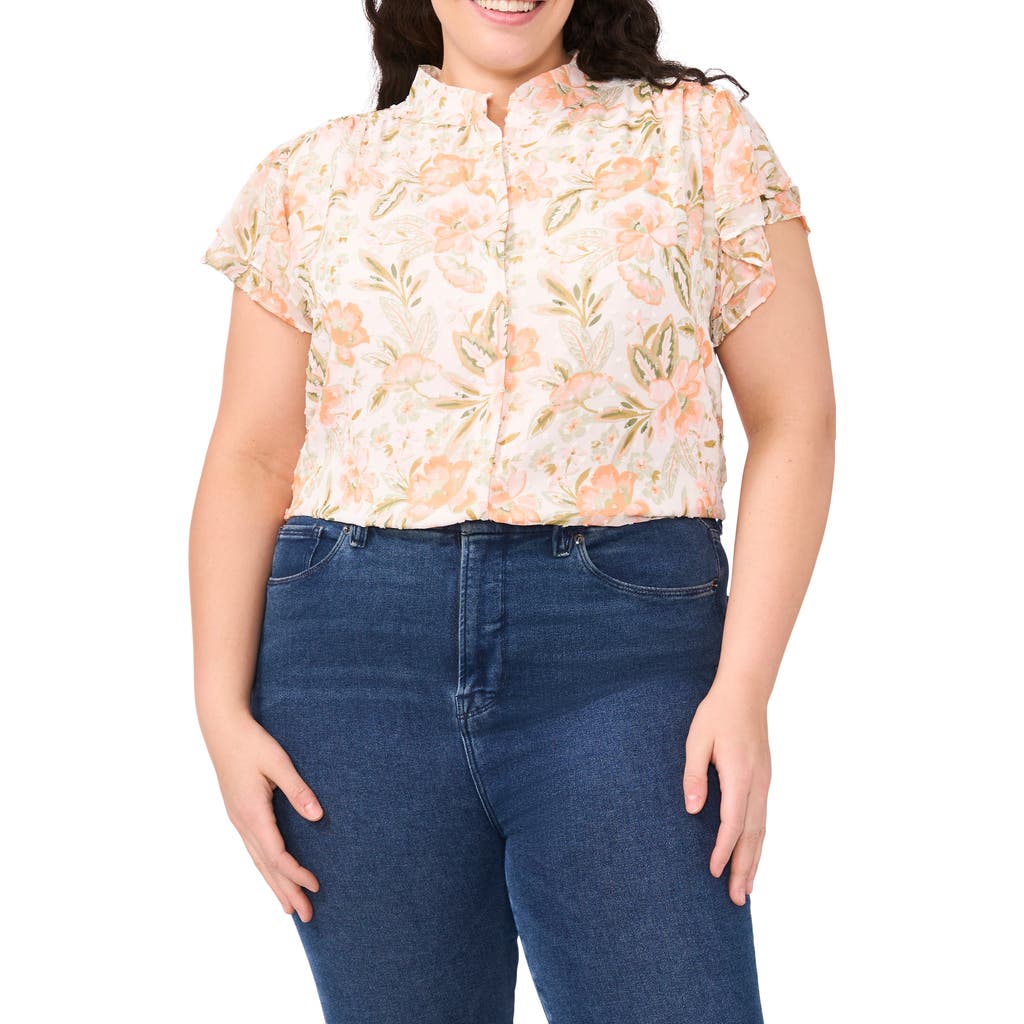 Cece Floral Double Flutter Button-up Top In Neutral