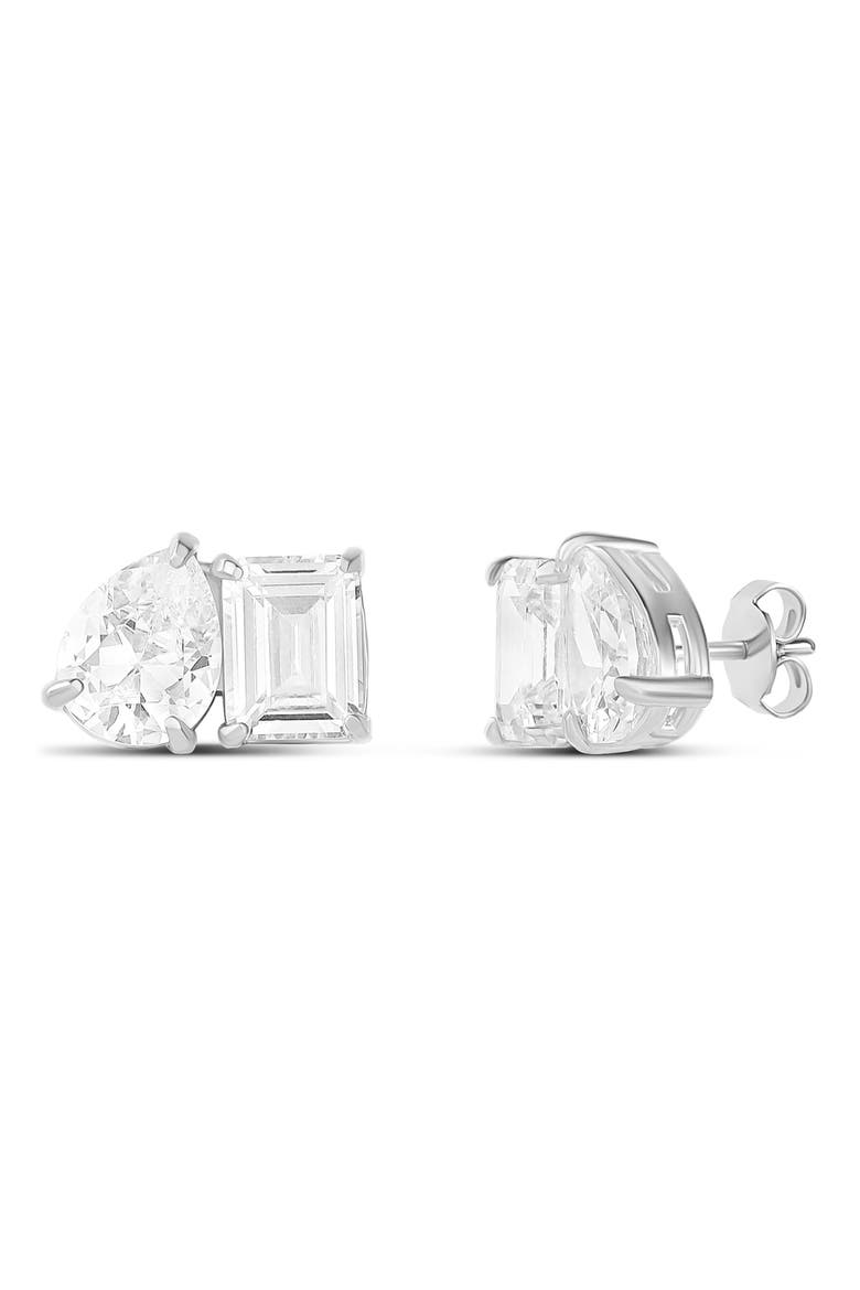Emerald and Pear Stud Earrings, Main, color, SILVER