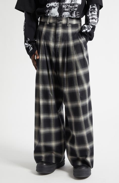 Triple Pleat Ombré Check Wide Leg Flannel Pants