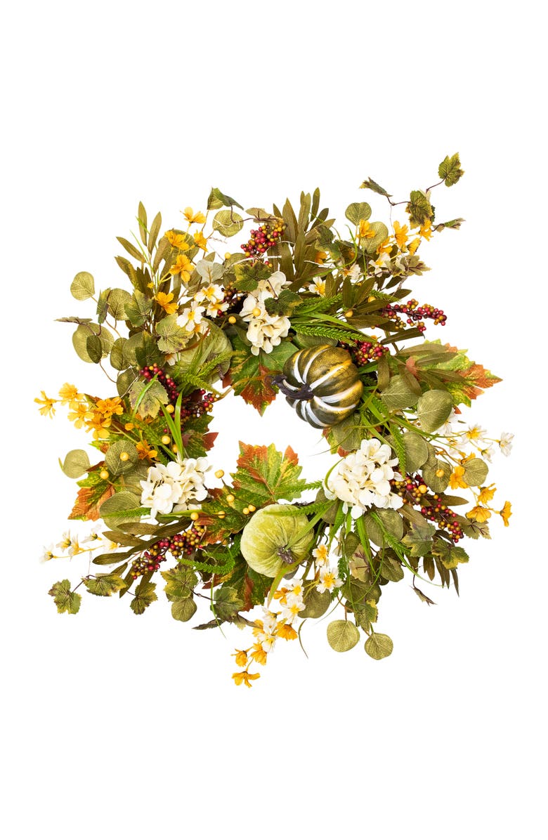 Northlight Velvet Pumpkins, Hydrangeas and Maple Leaves Artificial Fall Harvest Wreath - 24", Main, color, Green
