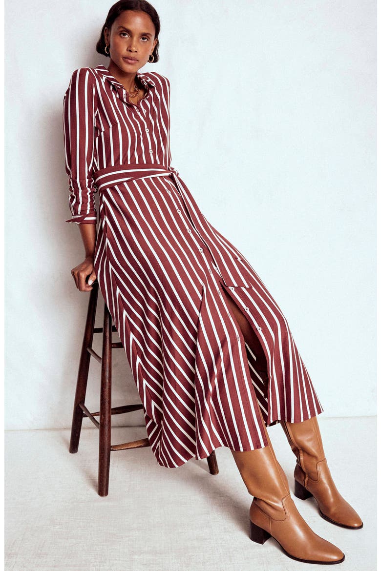 Marcia Stripe Long Sleeve Cotton Blend Jersey Shirtdress, Alternate, color, CHESTNUT AND IVORY STRIPE