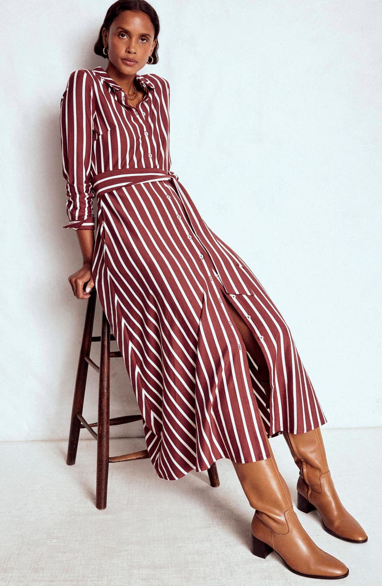 Boden Marcia Stripe Long Sleeve Cotton Blend Jersey Shirtdress, Alternate, color, Chestnut And Ivory Stripe