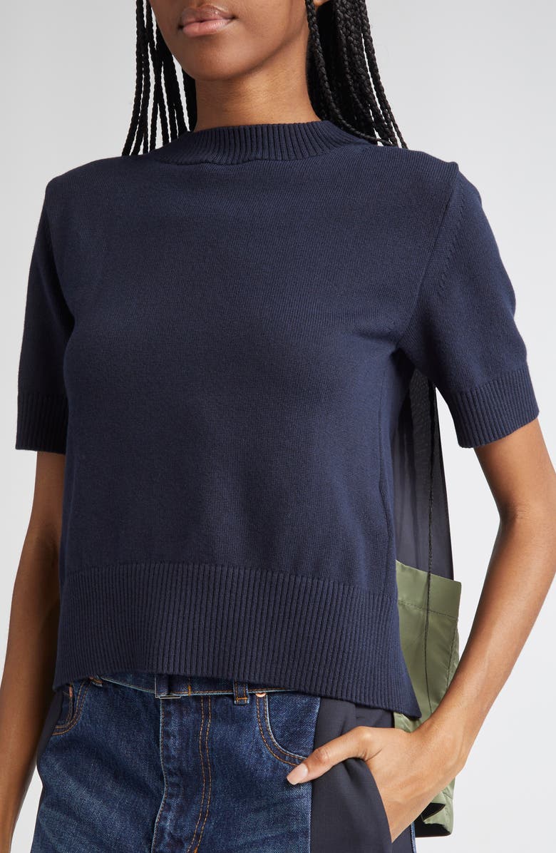 Sacai Mixed Media Nylon Twill & Knit Sweater, Alternate, color, 
