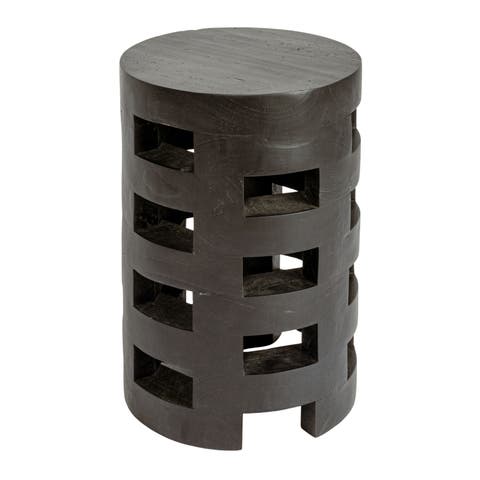 Round Mindi Wood Stool with Textured Surface, Black